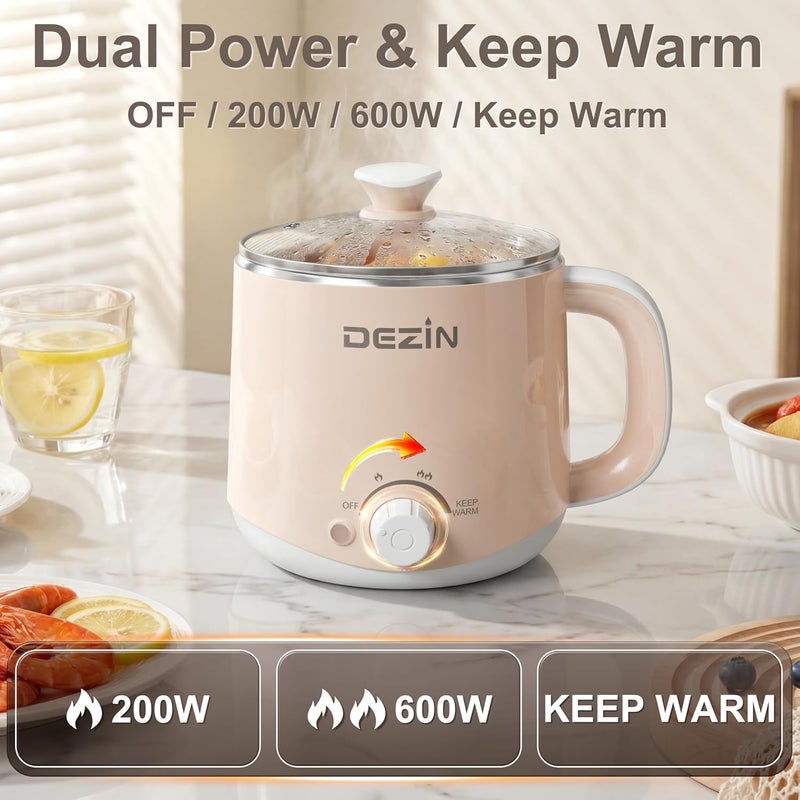 DEZIN Electric Pot, 1.6L Ramen Cooker, Hot Pot Electric Stainless Steel, Multifunctional Cooker for Egg, Pasta, Soup, Porridge, Oatmeal with Temperature Control and Keep Warm Function - Image 4